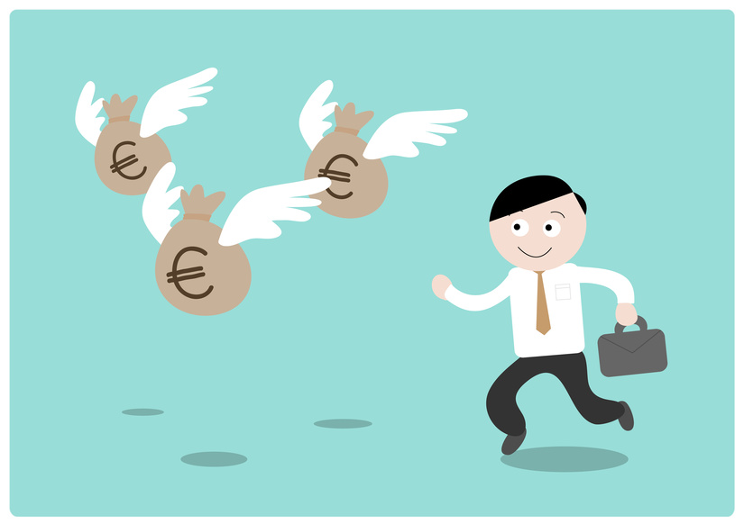 Chasing the Money (Euro), a hand drawn vector illustration of a businessman chasing after flying money bags (all objects on different groups for easy editing).